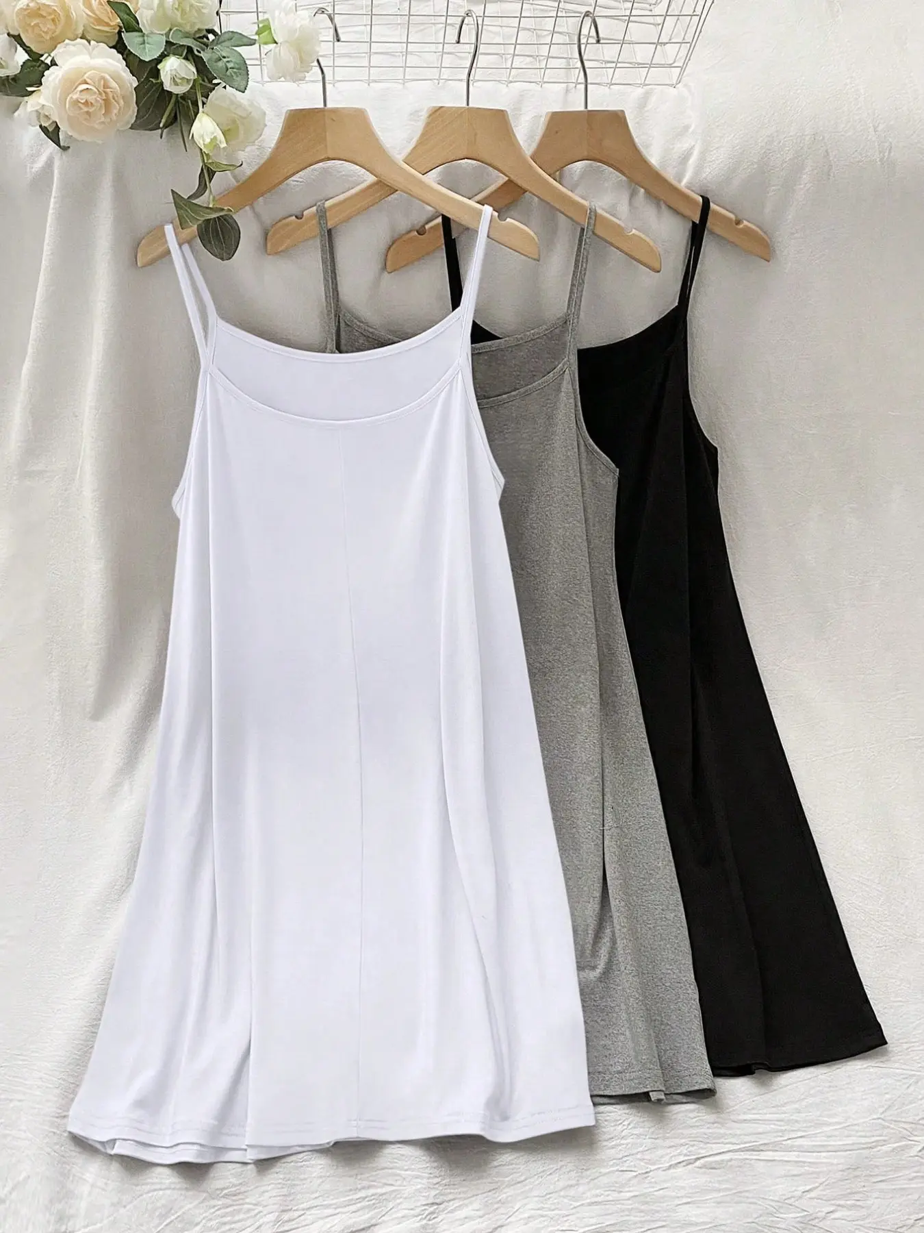 Three-Piece Set Long Strap Sleep Dress Nightwear, Soft Breathable High Stretch, Loose Fit Casual Home Wear Loungewear, Ideal for Teens & Moms