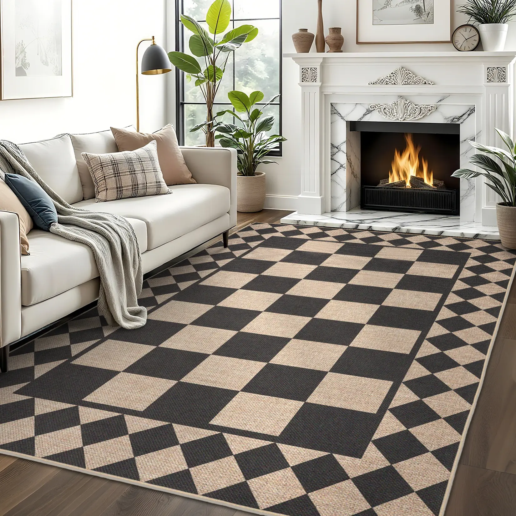 Washable Linen-like Carpet Modern Geometric Checkered Print Non-slip Non-shedding Ultra-thin Foldable for Living Rooms Dining Rooms Bedrooms Playrooms Children's Rooms and Ofices