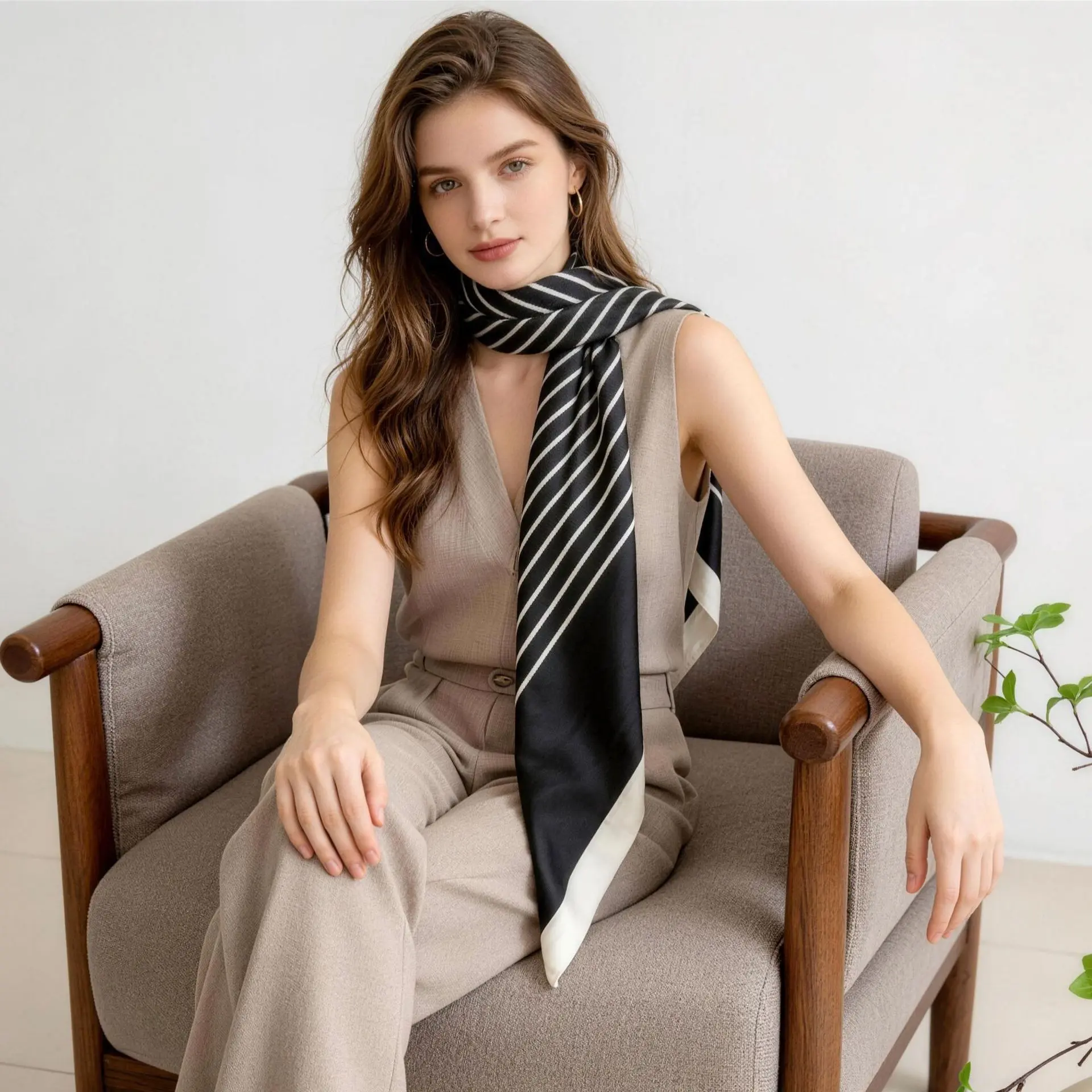 Black and white striped silk scarf, faux silk, spring and autumn print, stylish and fashionable shirt scarf, neck scarf for mothers