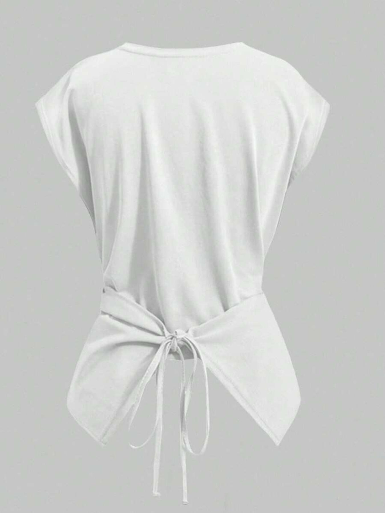 Women's Knitted Round Neck Drop Shoulder Sleeve T-Shirt, Fashion Casual Asymmetrical Criss Cross Back Tie Top, Spring & Fall Wear