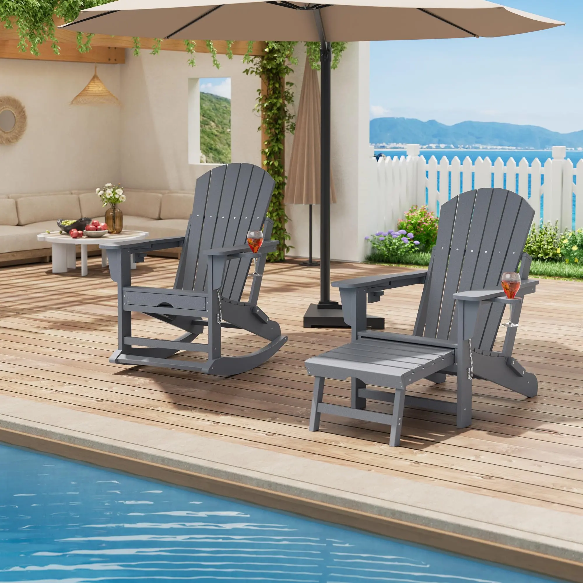 4-in-1 Folding Adirondack Rocking Chair with Retractable Ottoman & Dual Cup Holders, 380 Lbs Heavy Duty HDPE Patio Lounge Chair, All-Weather Plastic Outdoor Rocker for Porch, Deck