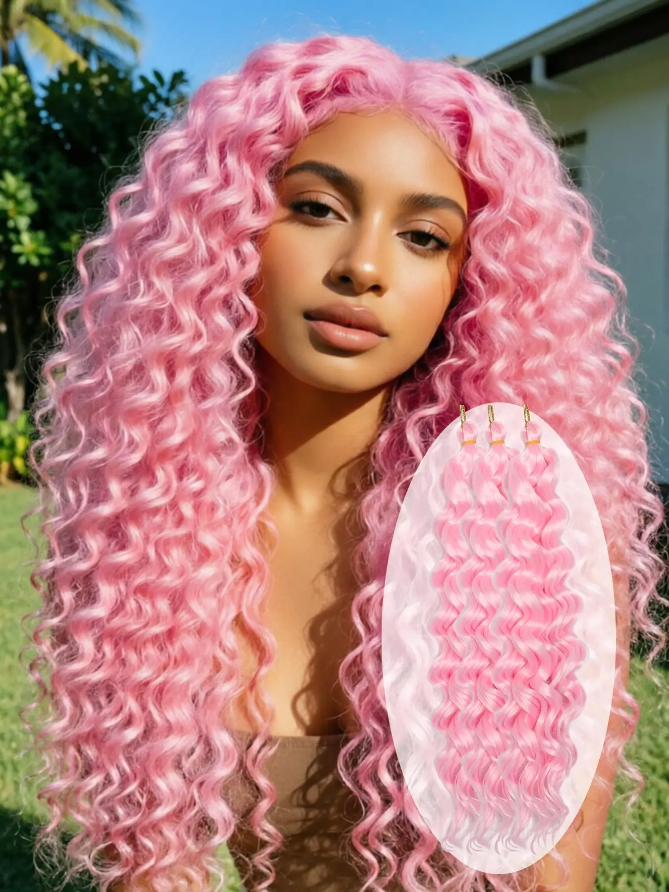 3PCS Hawaiian Curly Hair Extensions Pink Gradient Soft Beach Wave Synthetic Hair Wefts for Women Natural Full Volume Vacation Party Look
