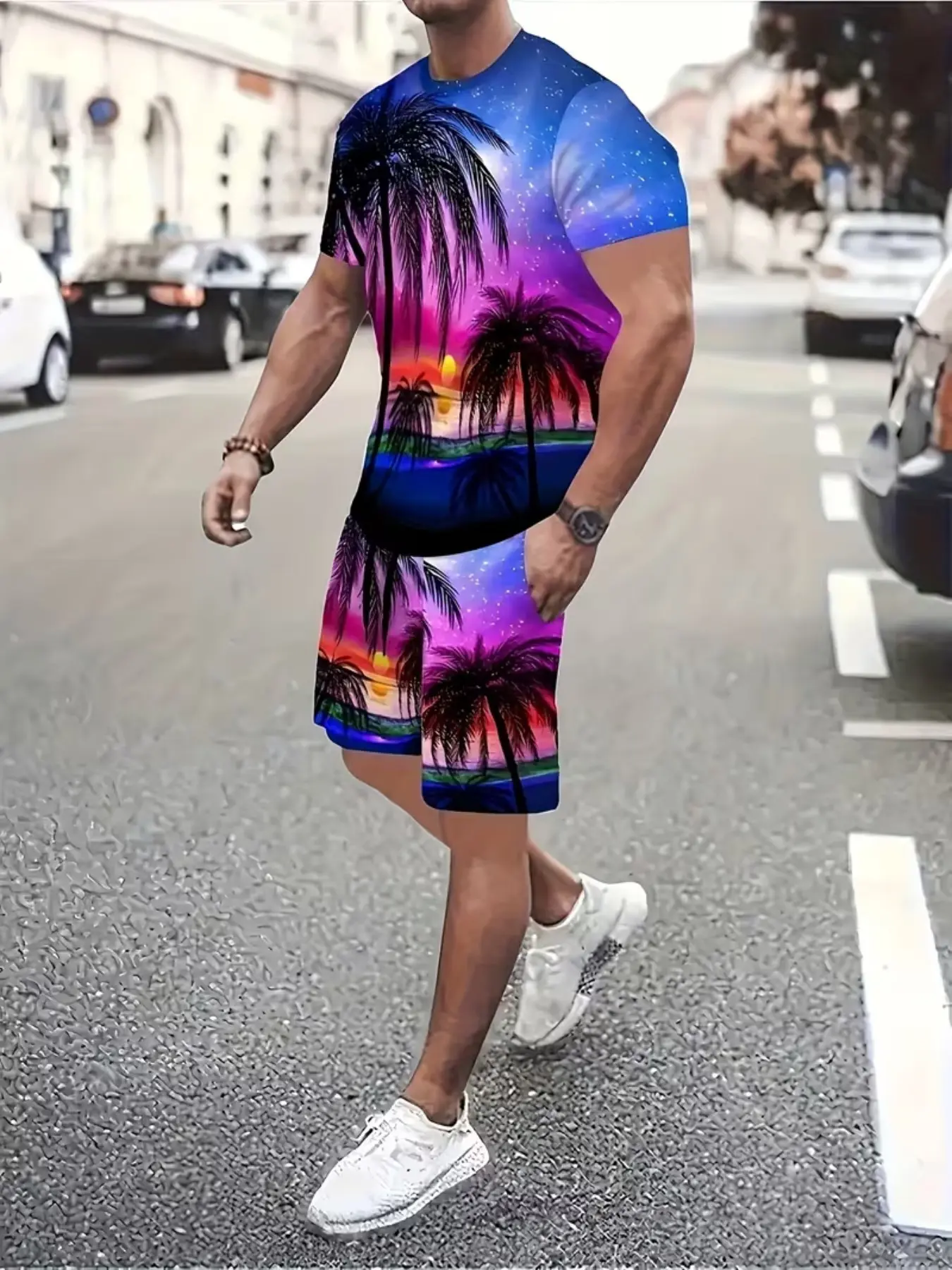 Men's Summer Hawaiian Style Gradient Starry Sky Coconut Tree Sunset Print Short Sleeve T-Shirt + Shorts Set, Loose Breathable Beach Two-Piece Set
