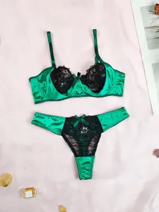 Women's Lingerie Set, Lace Spliced Satin Stretch Underwear with Underwire, Suitable for Private Parties & Valentine's Gifts bras bra and sheer blouse balconette baddie curvy
