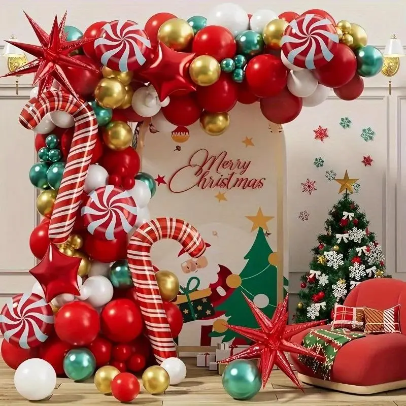 112-Piece Christmas Balloon Wreath Arch Set with Candy Canes and Star Foil Balloons Suitable for Christmas and Birthday Party