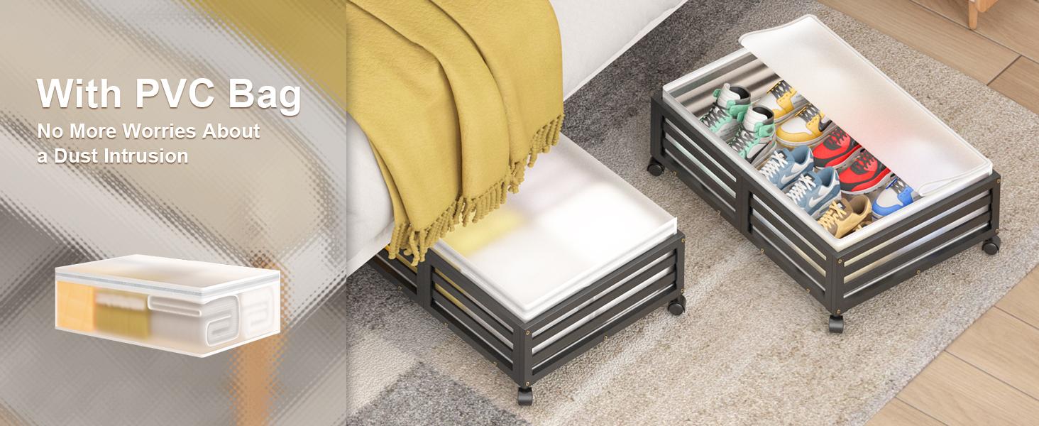 Bed with Wheels-Large Bamboo Underbed Containers with Large Dust Bag Stackable the Bed Shoe Bins for Clothes Books Bedding (2 Packs Black, 23.62"L*16.54"W* 6.51"H)