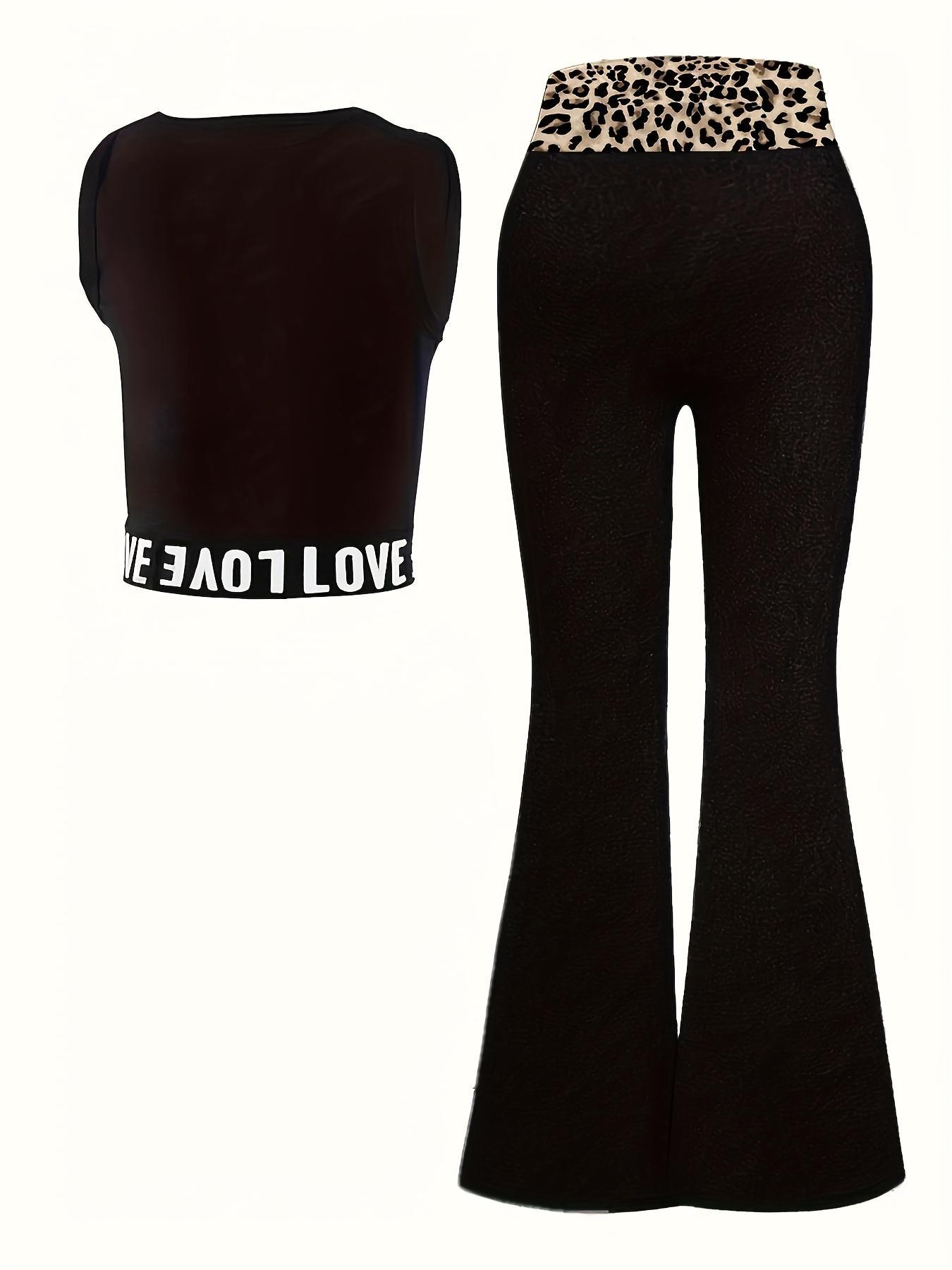 Two-Piece Set Girl's Letter Tape Tank Top & Leopard Print Flare Leg Pants, Casual Fashion Cozy Outfits for Daily Outdoor Wear, Kids Clothing for Summer