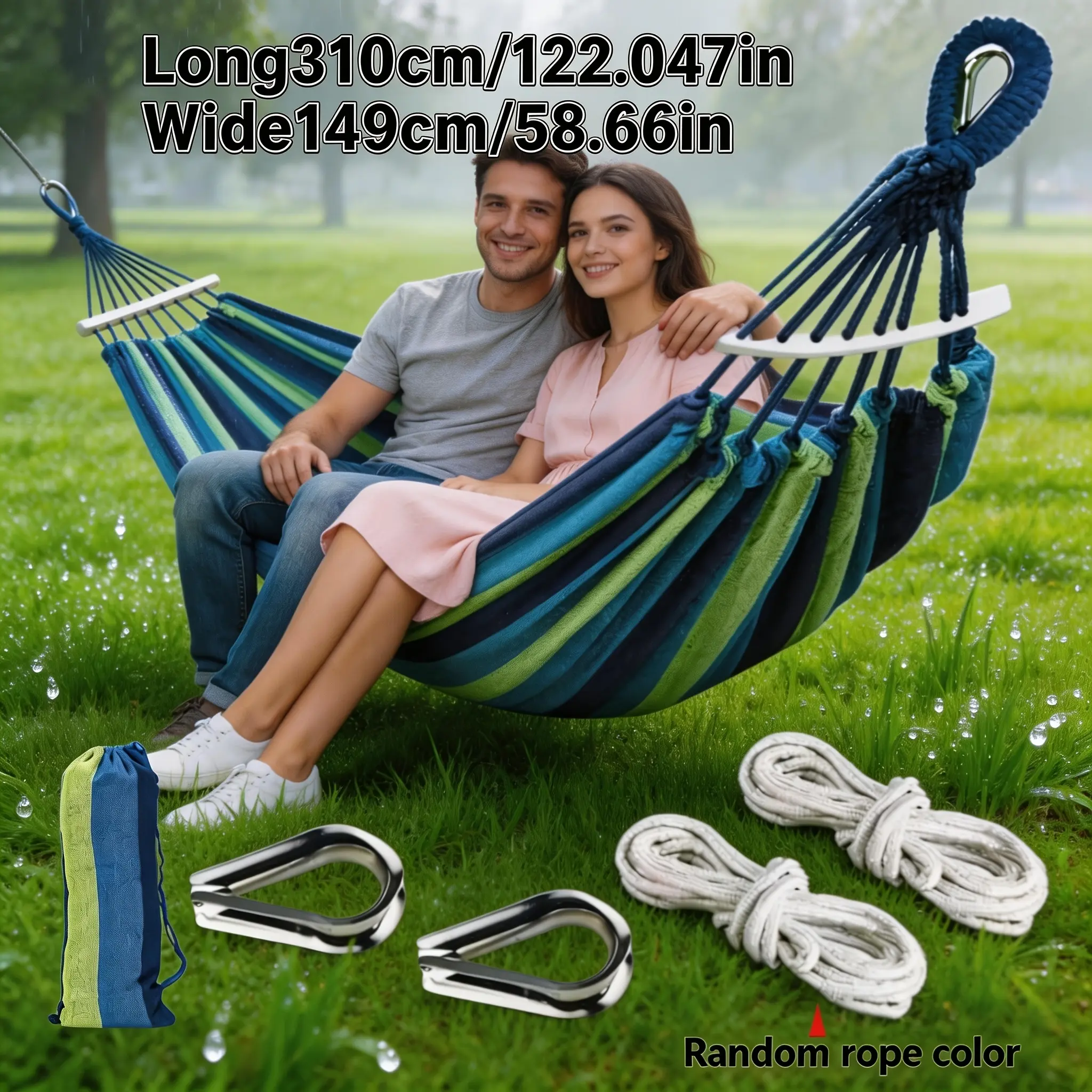 Upgraded 2-Person Portable Outdoor Hammock for Couples - Rope Suspension System, Anti-Roll Balance Wooden Sticks, Strong Metal Rings, Extended Rope, Thickened Design, Large Width