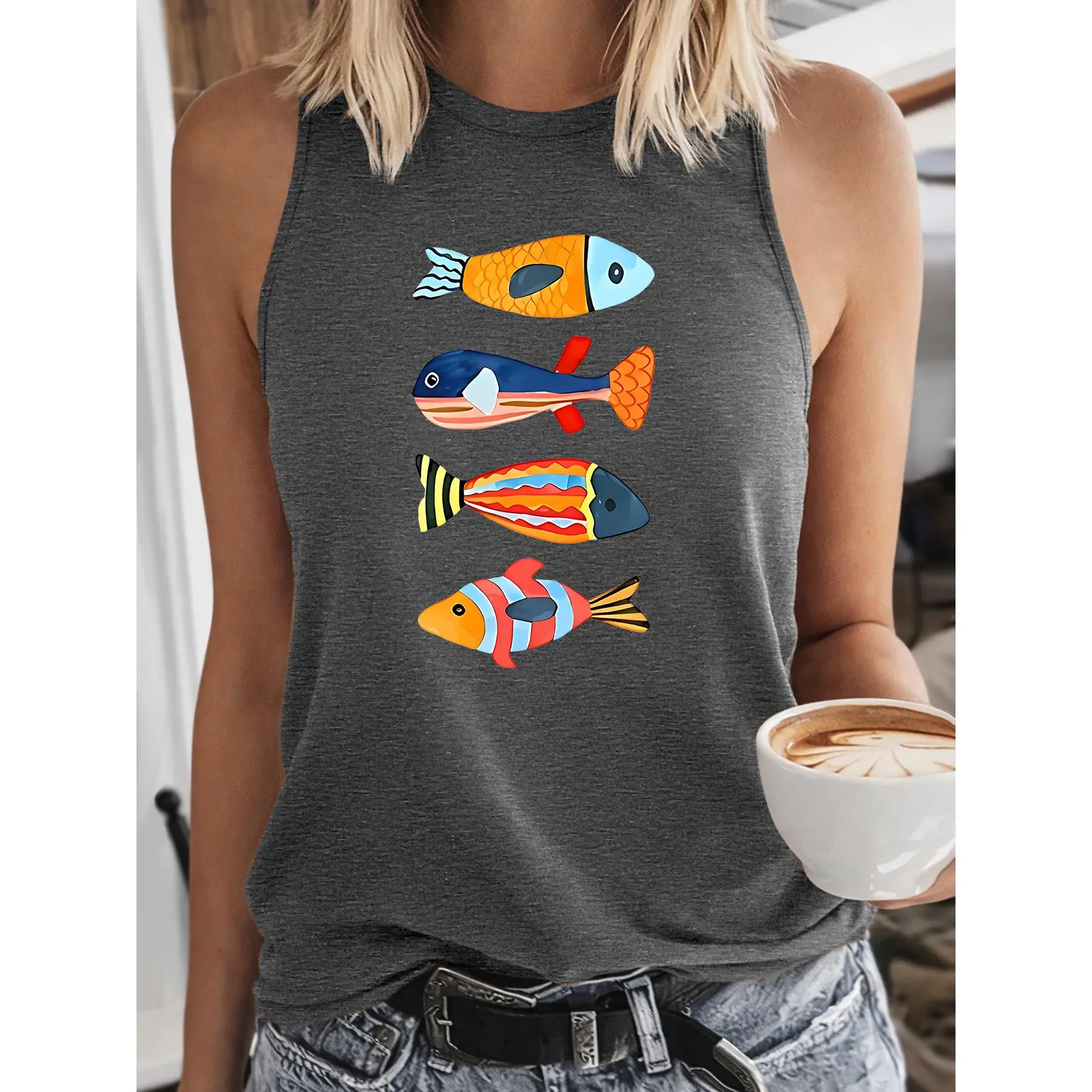 Colorful Tropical Fish Hand-Painted Art Print Tank Top| Fresh Ocean-Themed Sleeveless Top| Fun and Playful Sporty T-Shirt| 2026 Summer New Vacation Style Clothing|