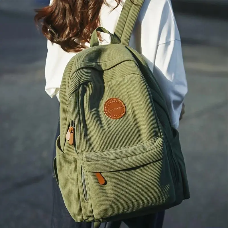 Women's Olive Green Corduroy Backpack with Zipper, Large Capacity Casual Daypack for Back to School, Work, Ideal Gift for Students