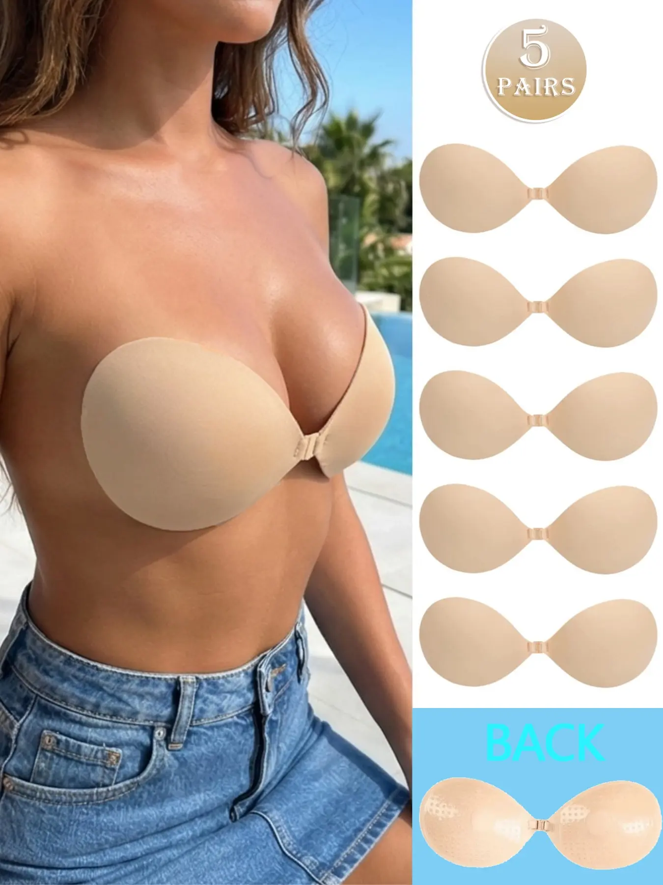 5 Pairs Reusable Silicone Breast Shapers, Invisible Wedding Bra for Backless Dresses, Wireless Plunge Cup, with Buckle, Casual Style, Min Support