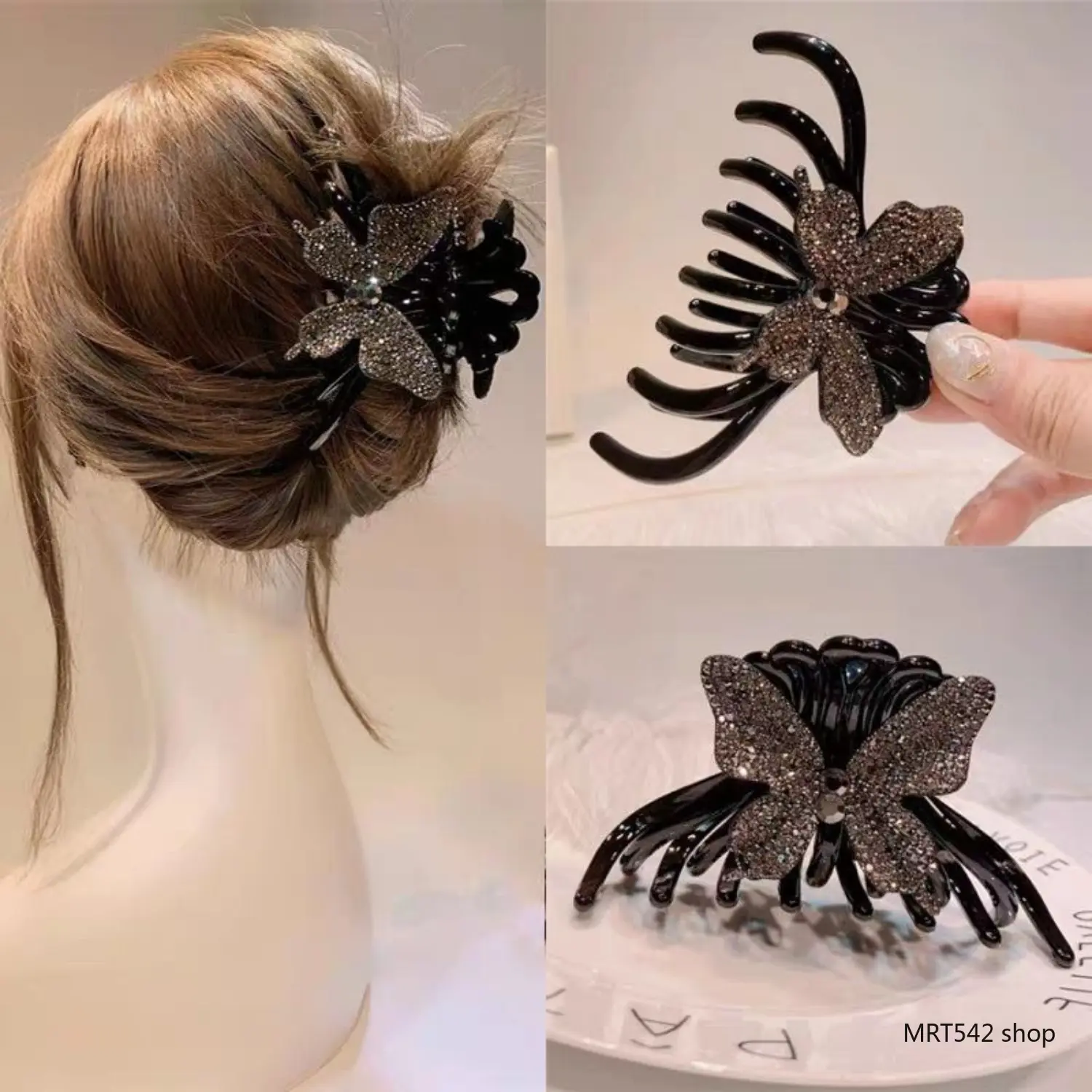 Butterfly Hair Claw Clips for Women Large Metal Shark Jaw Clip Sparkling Rhinestone Non Slip Crystal Hairpins Strong Hold Updo Chignon Bun Maker Elegant Styling Hair Accessories