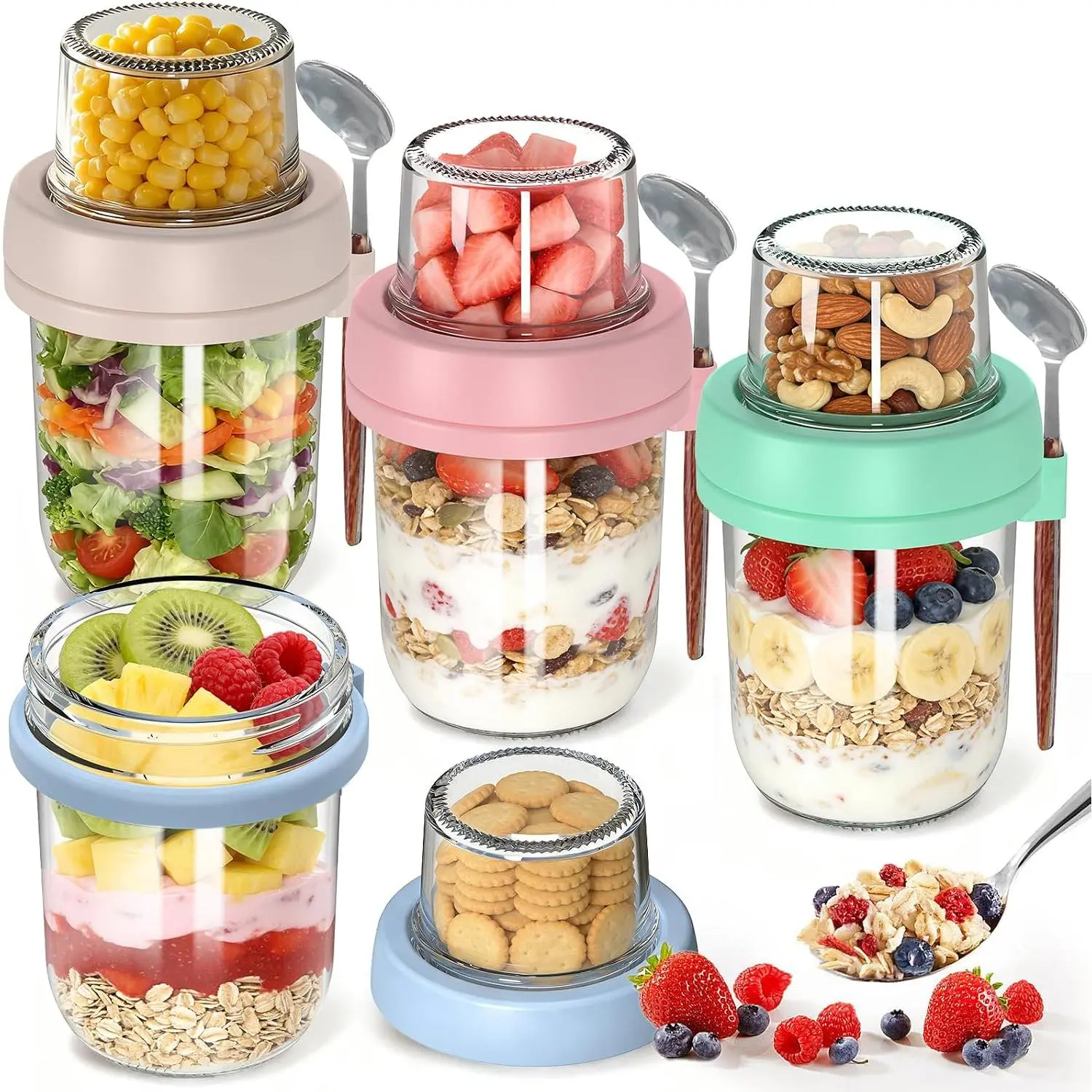 4 Pack 20 oz Glass Overnight Oats Containers Set with Detachable Scoops & Spoons, Kitchen Preserving Jars with 16+4 oz Layer Dry-Wet Separation, Leak-Proof, Food-Grade, Portable for Oatmeal, Salad
