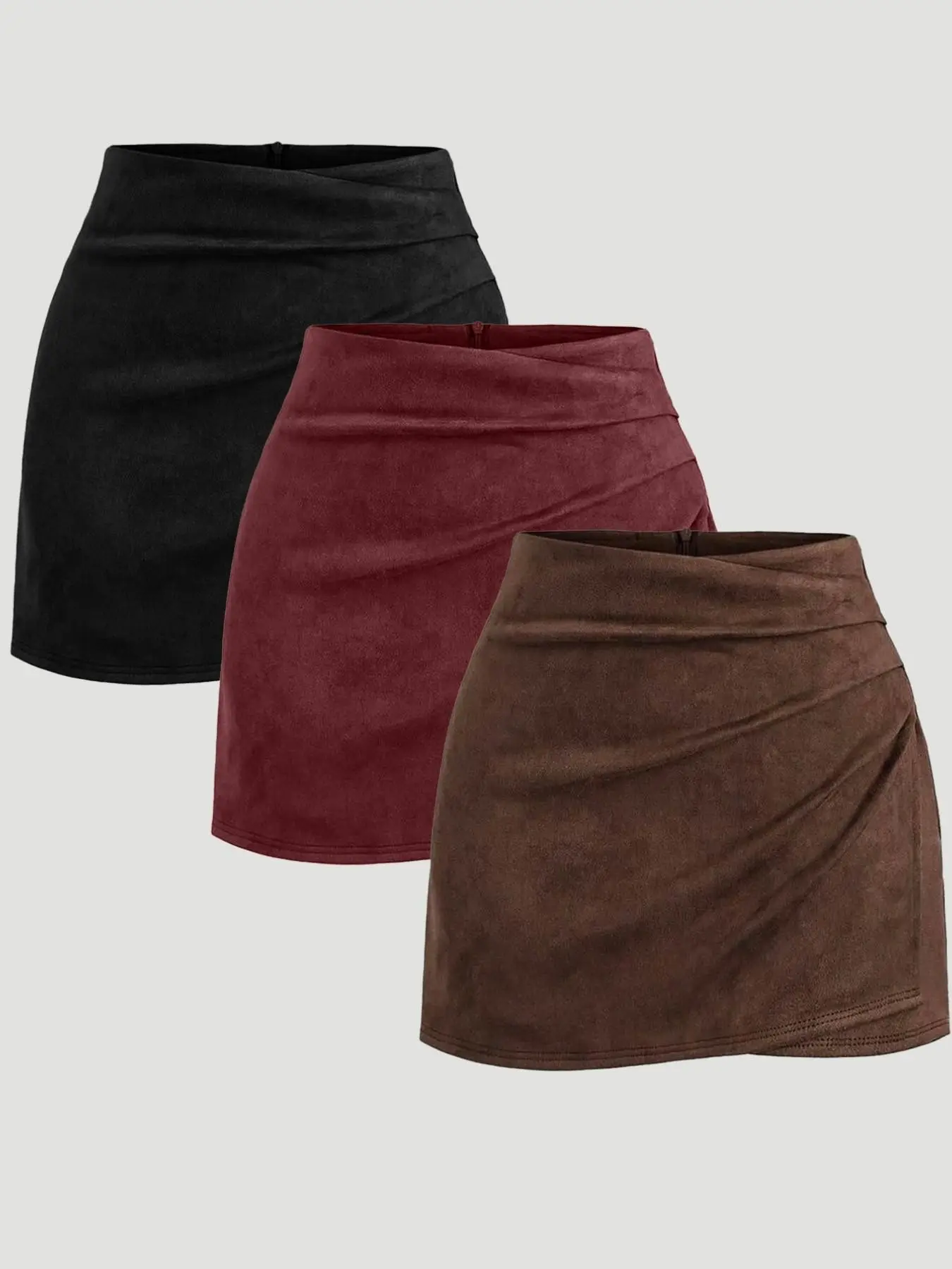 3 Ladies Suede Velvet Retro Italian Melad Color Pleated Bodycon Short Skirt Casual Fall Winter Fashion, Unlined Plain Surface Vintage Style Skirt
