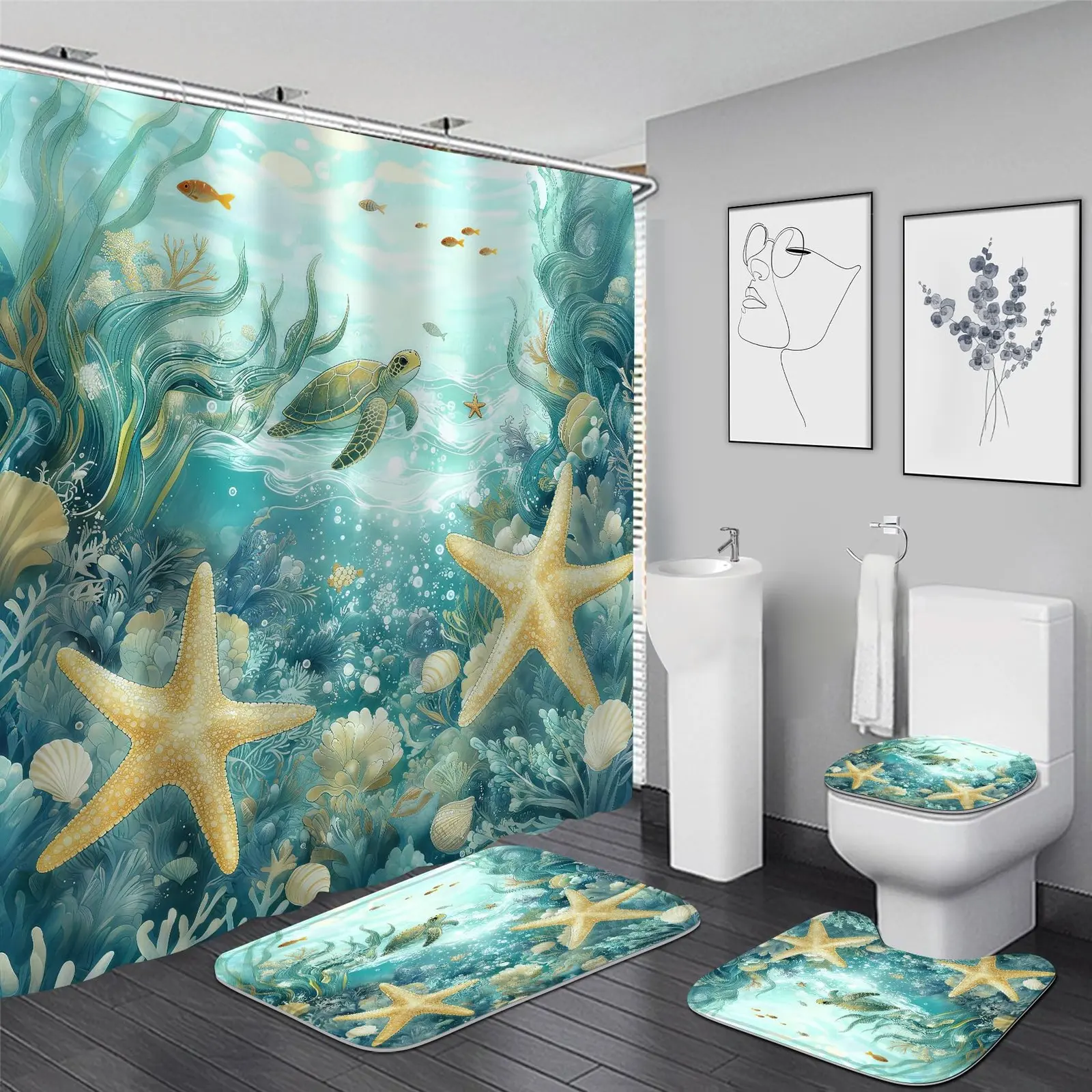 Modern Soft Flannel 4-Piece Teal Sea Turtle Beach Bathroom Set - Slip Resistant, Includes Shower Curtain, Toilet Seat Cover, Bath Mat, U-Shaped Toilet Mat, Water Proof, 1Pc Shower Curtain