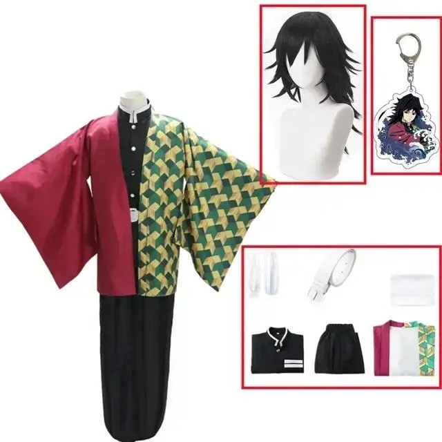 Anime Demon Slayer Kimetsu No Yaiba Tomioka Giyuu Cartoon Character Long Sleeve Collared Neck Cosplay Costume Set - Women's Adult-Kid Kimono Uniform with Wig, Movie-TV Event Wear Accessory Kit