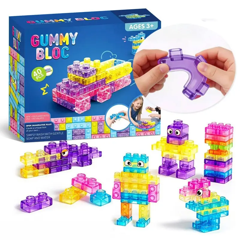 40PCS Jelly Blocks, Washable, Gummy Blocks Squishy, Squishy Fidgets, Sensory Soft Building Blocks Bath Toys, Kids Montessori Squishy Stacking Toy Set, Squeezable & Stretchable Early Learning Construction Playset, Puzzle Blocks