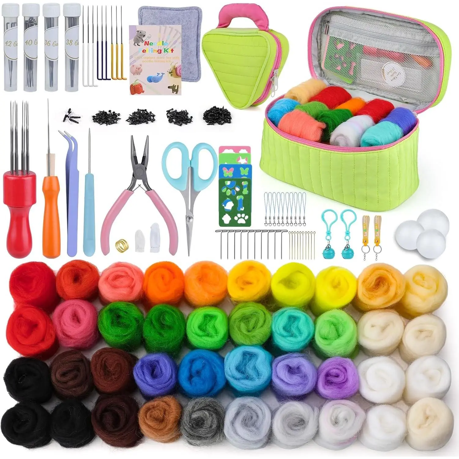 Needle Felting Kit for Beginners, Wool Roving 40 Rolls, Felting Needles, Needle Felting Tools Kit with Spiral, Cone, Triangle Felting Needles,Wool Felting Pad, Felting Supplies