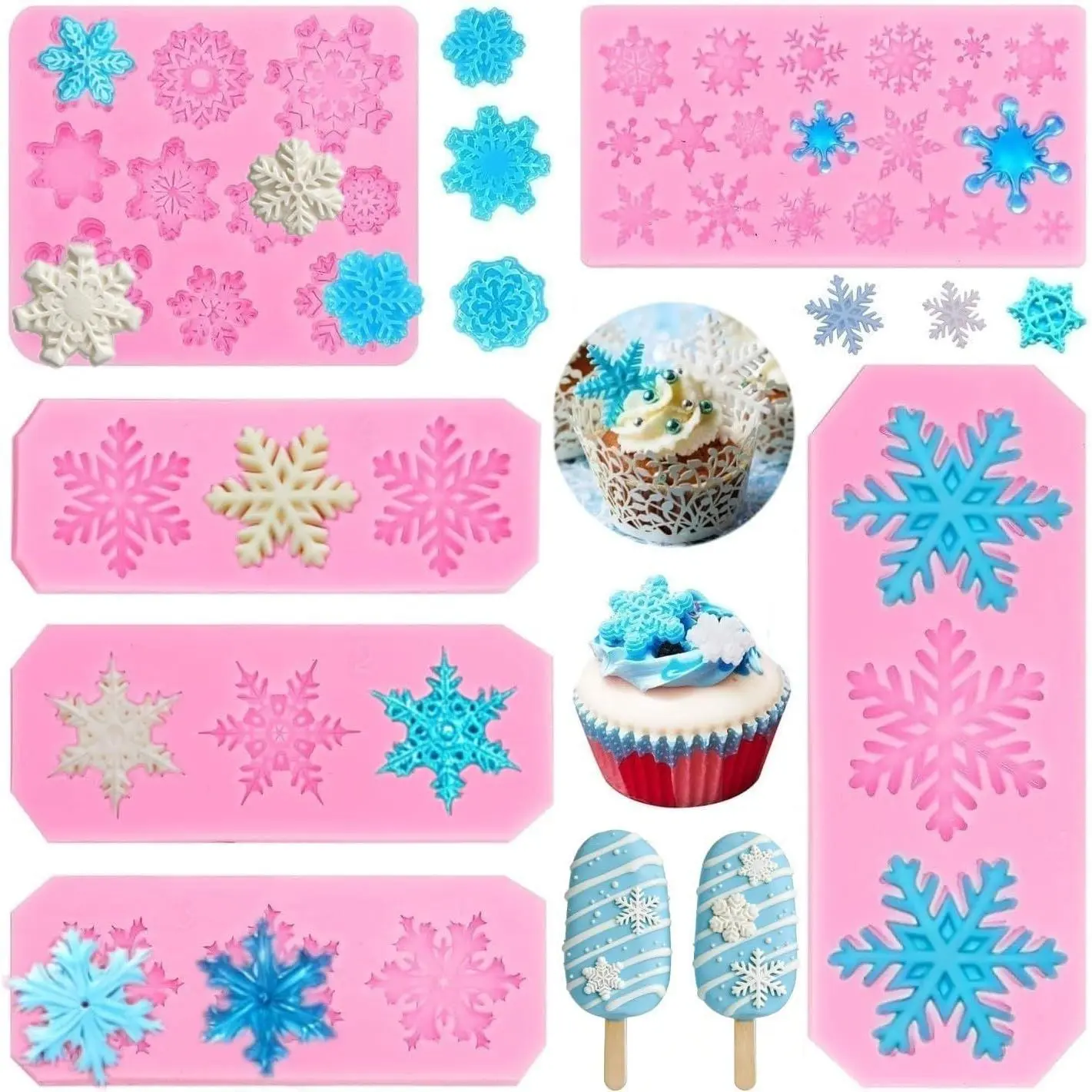 6-Piece Snowflake Baking Mold Set, Heat-Resistant (-40°C~+230°C) Winter Fondant Candy Mold for Christmas Cake, Cupcake Decoration, Fruit Crafting, Birthday DIY, Soap Making & Modeling Clay