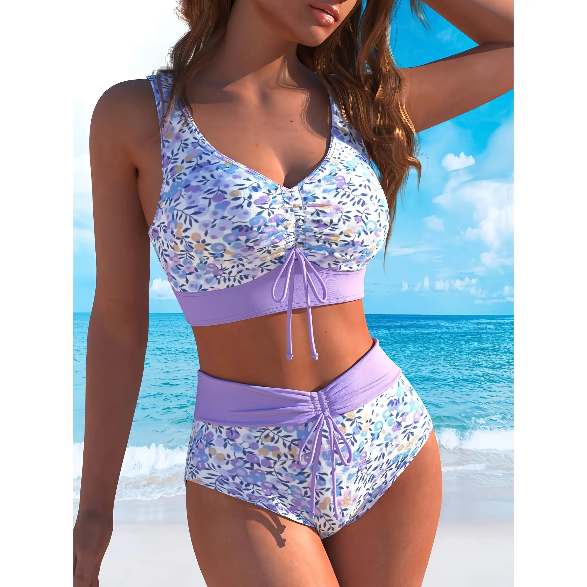 Women's Plus Size Floral Print Bikini Sets, Fashion Casual Light Purple Big-Tall Cut Swimsuit with Polyamide Blend (Sports & Outdoor Swimwear), Multi-Colors