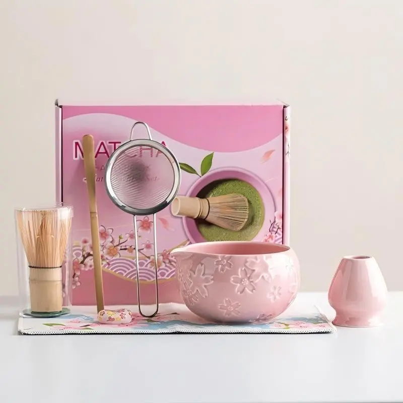 Traditional Japanese Matcha Tea Set, Includes Ceramic Bowl, Bamboo Chasen, Stainless Steel Sieve, Cotton Teapot Spoon, Ideal for Home or Café