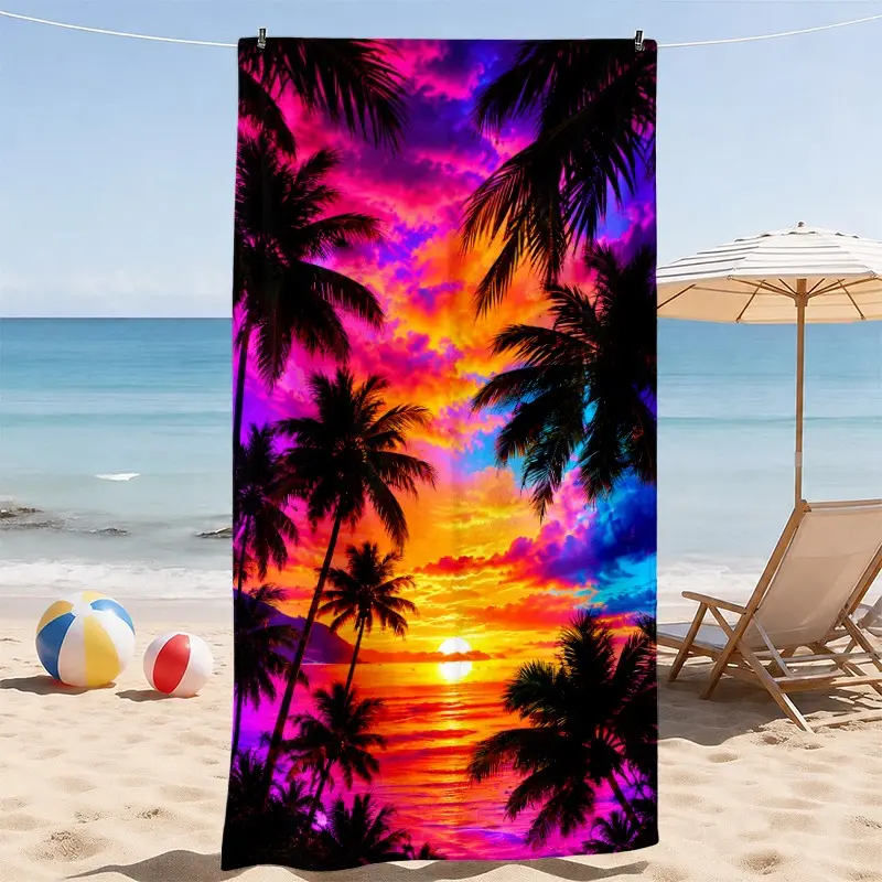Tropical Sunset Beach Towel, Palm Tree Silhouette and Ocean View Design, Soft Absorbent Quick Dry Lightweight Towel with Tropical Vacation Style, Ideal for Beach, Pool, Travel and Outdoor Days, Summer Gift for Beach Lovers and Family