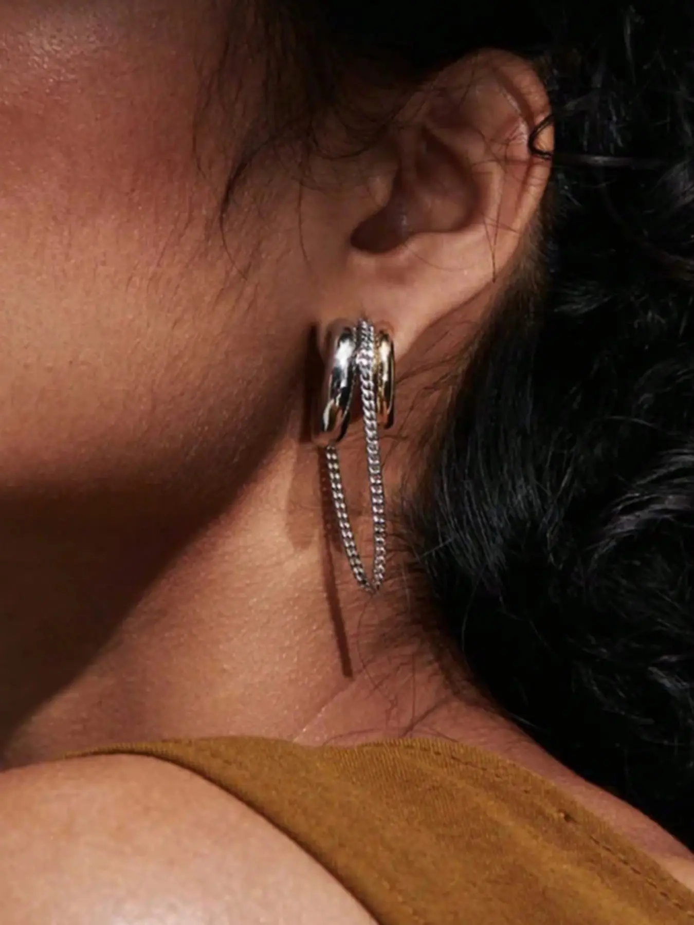 Korean Minimalist Dual C Chain Fringe Earrings, Asymmetrical Layered Long Chain Dangle Earrings, Unique Street Style Jewelry