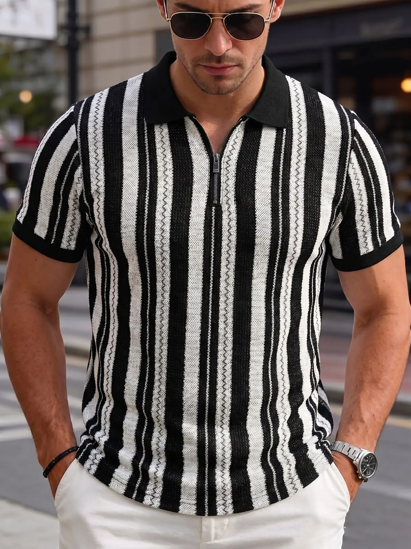 Men's Summer Vacation Wave Vertical Stripe Knit Half-Zip Collar Polo Shirt, Breathable Mesh Texture, Short Sleeve Casual Top