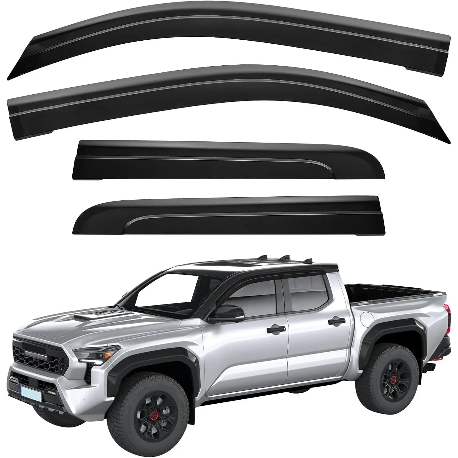 Low Profile Outside Mount Window Vent Visors, Adhesive Tap-On Deflectors with Antifog Dark Smoke for 2024-2026 Tacoma Double Cab, 4th Gen Tacoma Exterior Accessories, Outside Mount Design