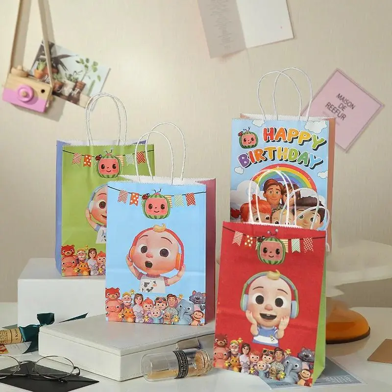 Cocomelons Birthday Party Gifts Bags Boys Girls Cute Handbags Cartoon Anime Pattern Kraft Paper Bag Baby Shower Decorations Gift