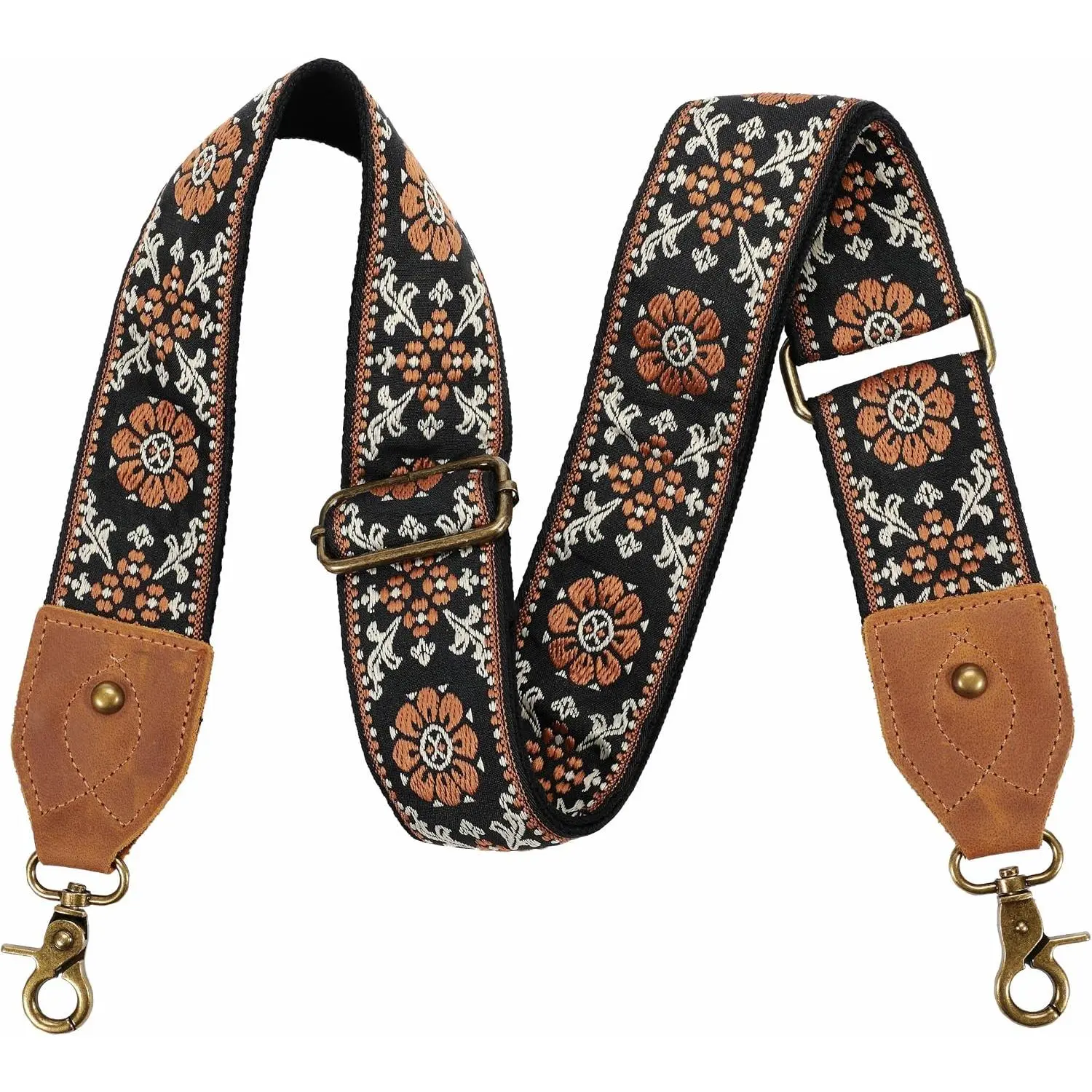 Adjustable 2 Inch Crazy Horse Leather End Purse Strap Jacquard Embroidered Crossbody Replacement Strap for Handbags Brown Floral