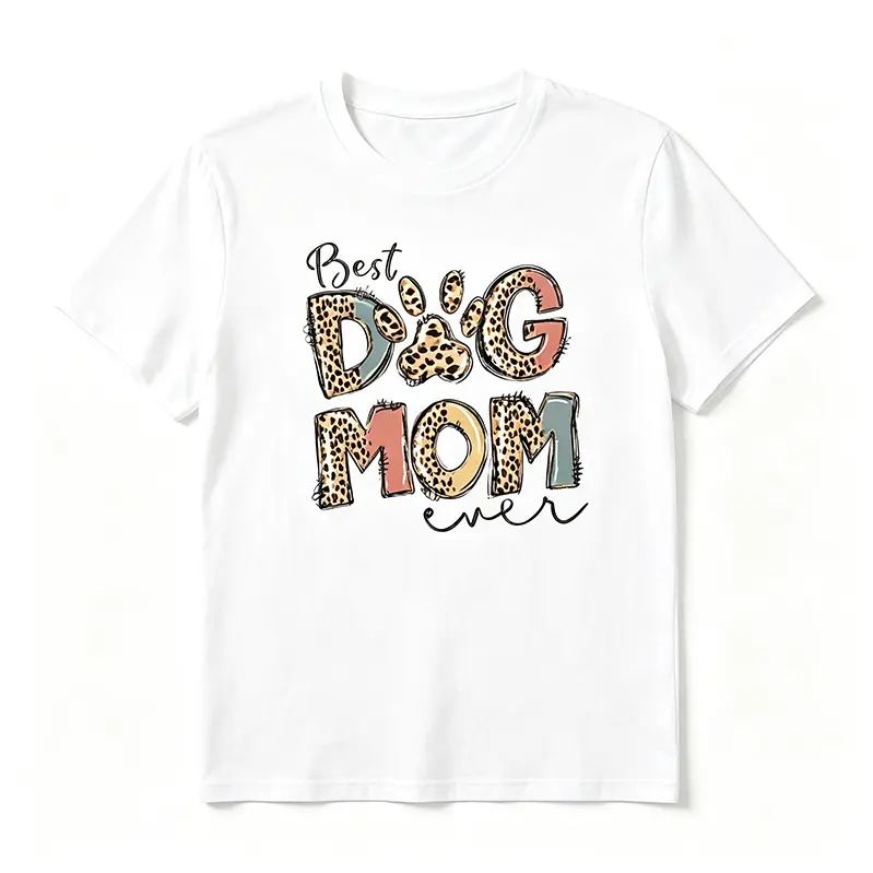 White Women Graphic Tee, Best Dog Mom Ever Leopard Pattern Paw Print Crew Neck Short Sleeve Casual T-Shirt For Dog Lovers