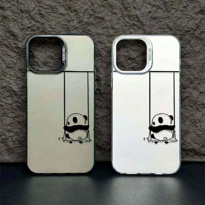 2 Colors Minimal Swing Panda Line Art IMD Printing Phone Case Compatible with All iPhone Models, Matte Anti Fingerprint Shockproof Soft TPU Protective Cover with Raised Camera Frame Drop Resistant Cell Phone Shell for XR 7 8 X XS 11 12 13 14 15 16 Series