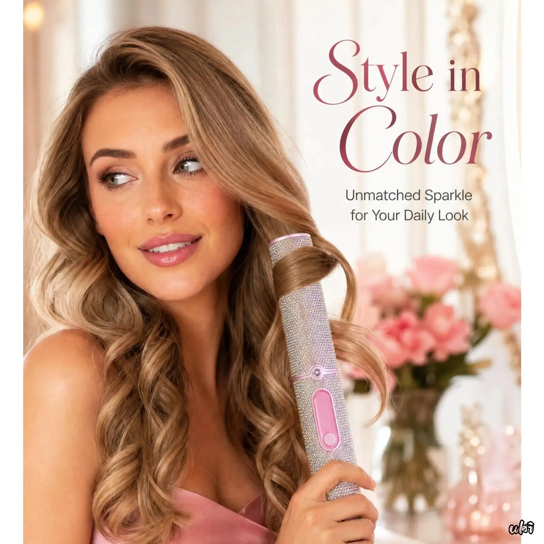 Pink Rhinestone Dual-Purpose Cordless 2-In-1 Mini Ceramic Hair Straightener & Curler for Girls - Large-Capacity Rechargeable Lightweight Structure Hair Styling Tool with 3 Adjustable Heat, Frizz Control, Compact Travel Iron (Ideal Gift for Home/Travel)