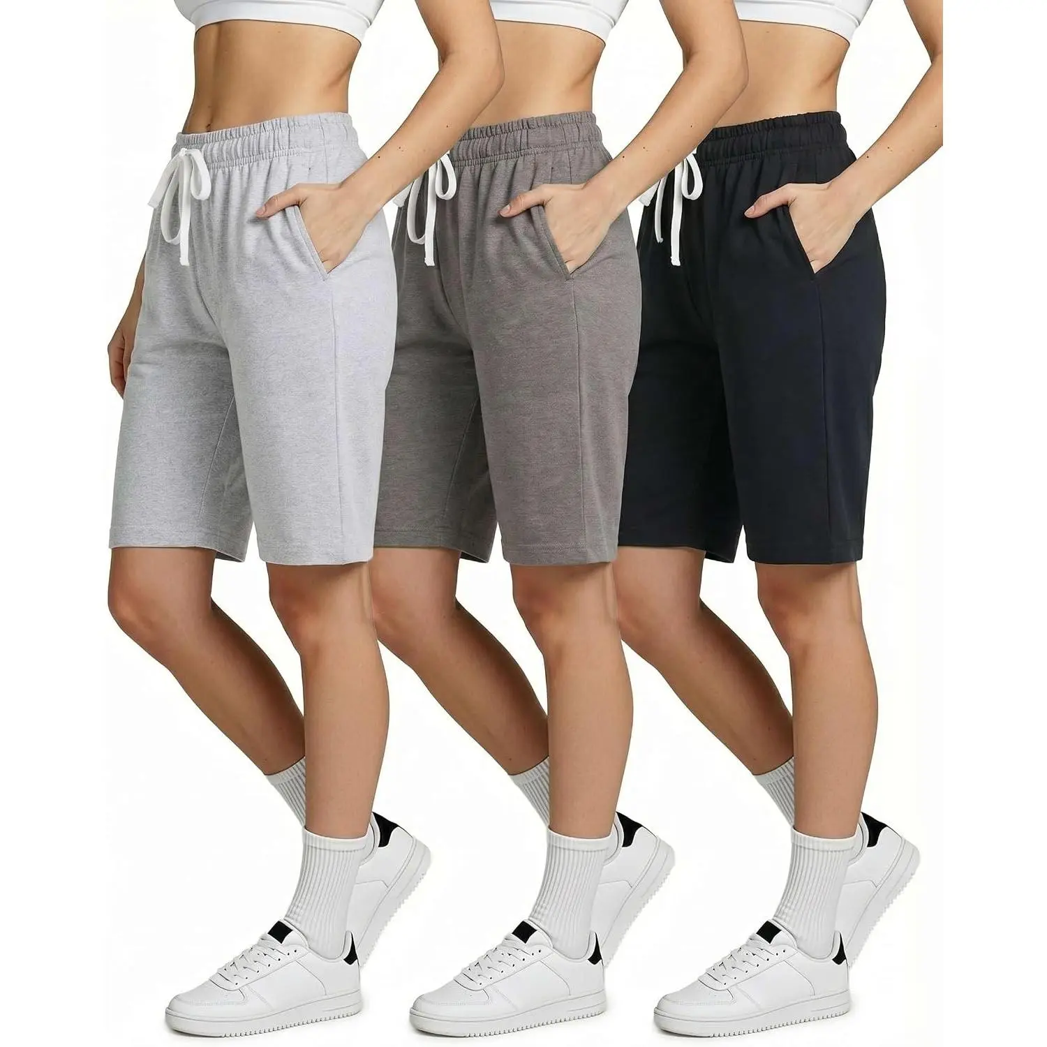 3 Pack Women's Cotton Terry Jersey 9" Bermuda Shorts with Pockets, Casual for Lounge Yoga, Available in Plus Size