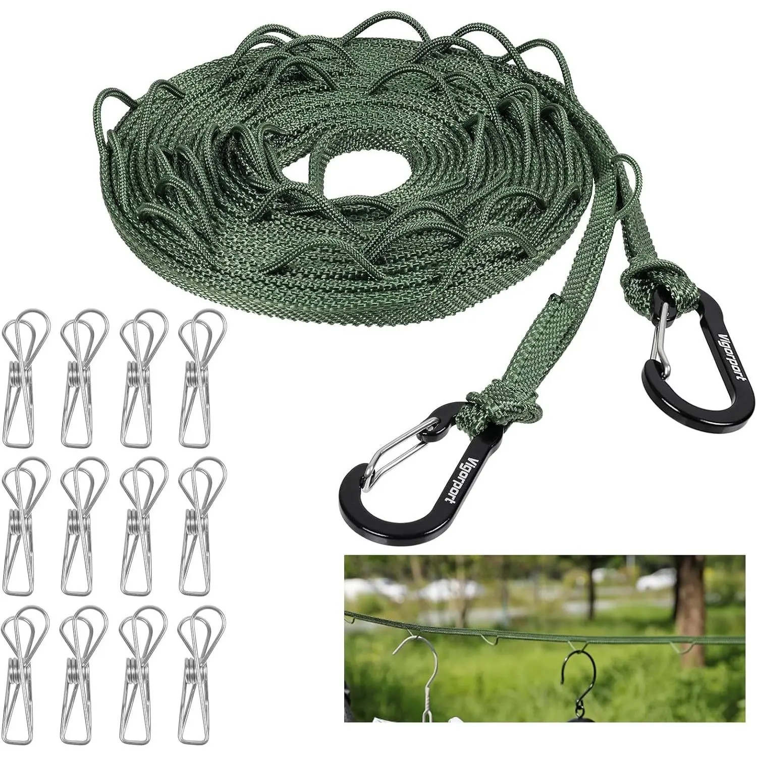 Vigorport Portable Travel Clothesline, Windproof Clothes Line with Hang Hole, Indoor and Outdoor Laundry Line with Clothespins for Hotel, Camping, RV, Cruise Ship (Green, 13.8Ft)