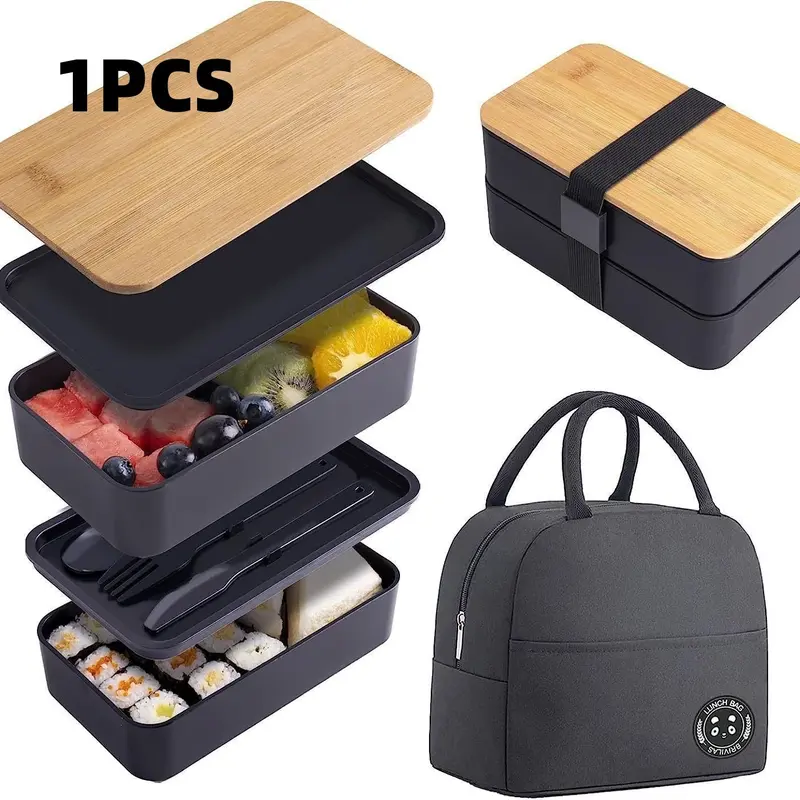 Double-Layer Bento Box with Dividers, Insulated Large Capacity Microwave Safe Plastic Lunch Box, Japanese Style Reusable Container, Bento Lunchbox