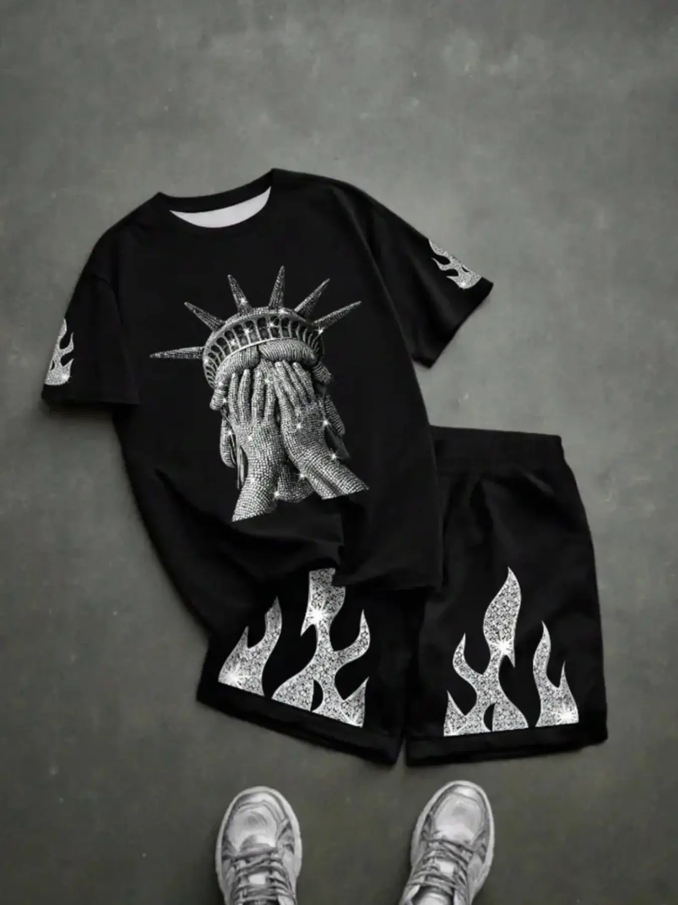 American Street Style Liberty Goddess Kids Clothes, Flame Print Sportswear Two-Piece Set, Athletic Clothing Set, Casual Slim-Fitting Graphic