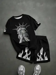 American Street Style Liberty Goddess Kids Clothes, Flame Print Sportswear Two-Piece Set, Casual Slim-Fitting Graphic