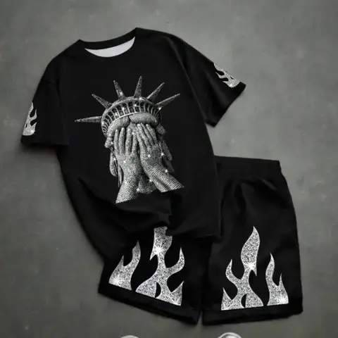 Printed Pattern Texture-Free American Street Style Liberty Goddess Clothing, Flame Print Sportswear Two-Piece Set, Sporty Streetwear