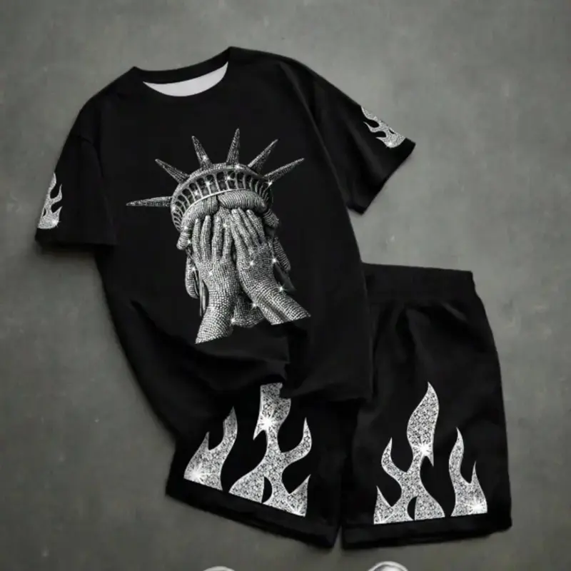 Printed Pattern Texture-Free American Street Style Liberty Goddess Clothing, Flame Print Sportswear Two-Piece Set, Sporty Streetwear
