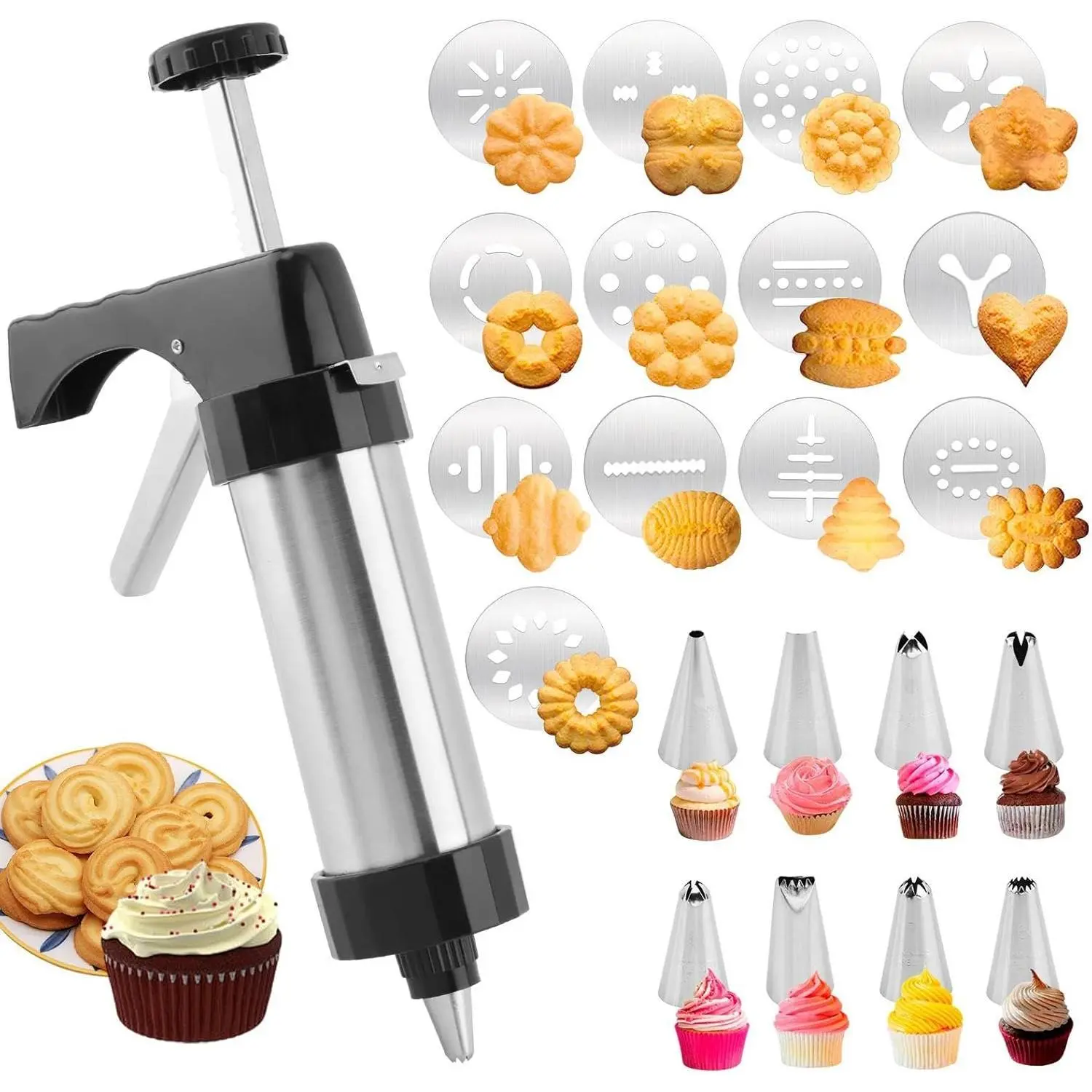 Baking cookie press kit, including 13 discs and 8 stainless steel frosting nozzles, suitable for DIY cookie making, cake decoration and Cookie Decorating, cookie making tools, Baking supplies, Baking Accessories
