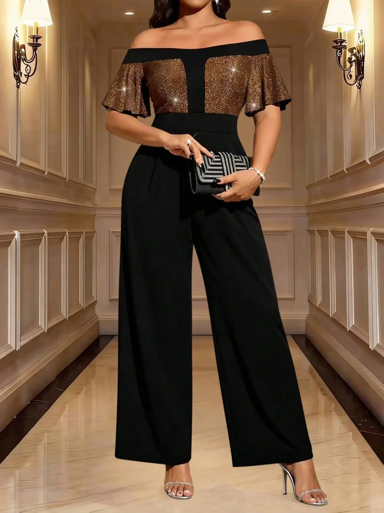 Plus Size Gold Sequin One-Shoulder Romper, Ruffle Short Sleeve High Waist Wide Leg, Chic Elegant Formal Party for Women