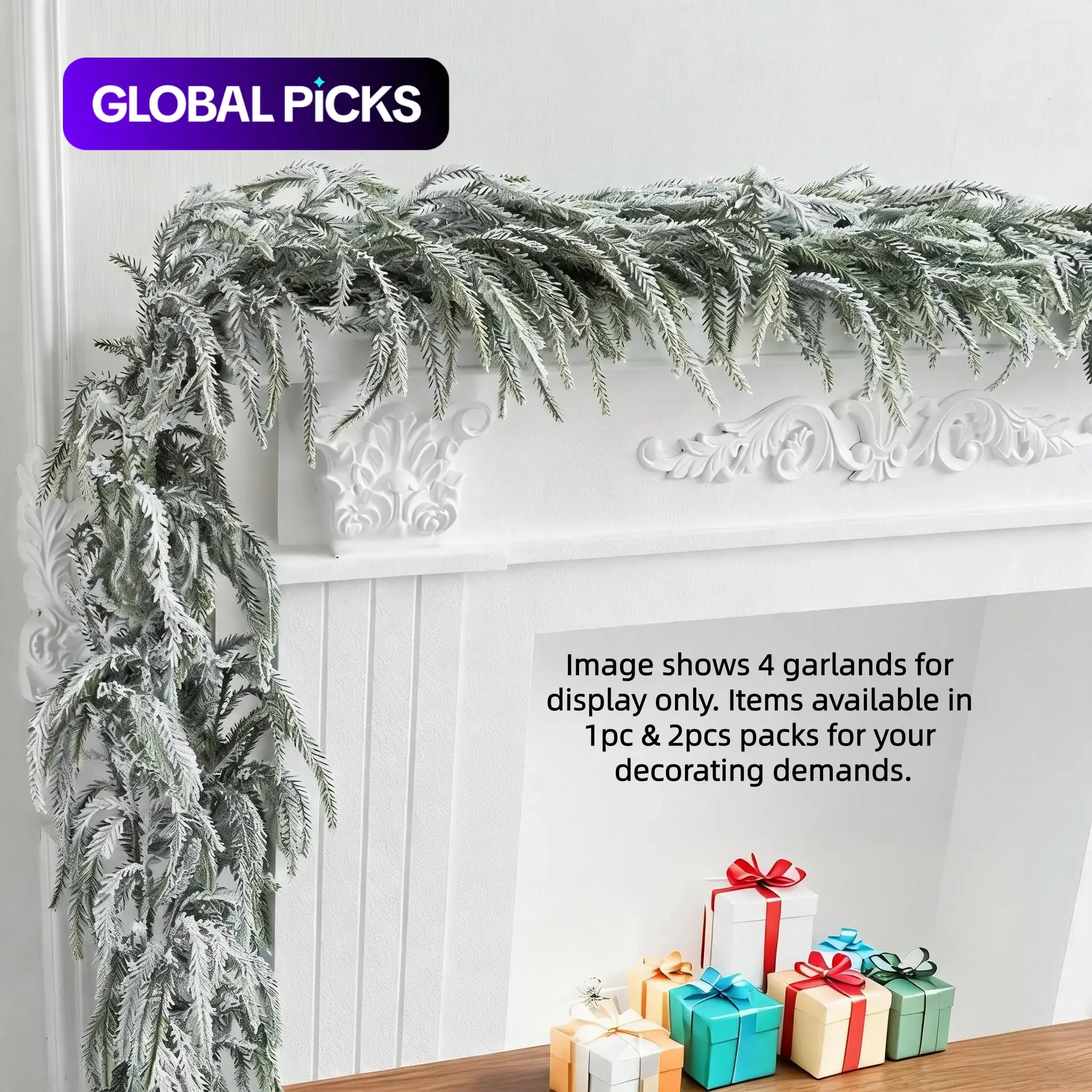 70.86 Inch Flocked Norfolk Pine Artificial Garland, Soft Touch Frosted Christmas Greenery, Winter Snow Covered Pine Vine Decor, Christmas Decorations
