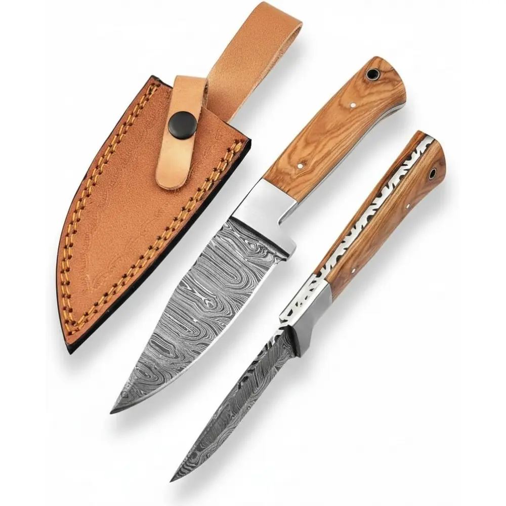 Fixed Blade Hunting Knife Damascus Steel EDC Bushcraft Knives, Full Tang Scout Carry Knife with Leather Sheath, Ideal for Skinning Outdoor Camping, Hunting, Hiking, Survival Knives