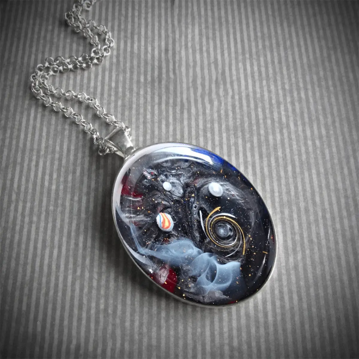 Unique Style Handmade Galaxy Swirls Resin Pendant Necklace - Nebula Space Planet Design Costume Jewelry Fashion Accessory with Alloy Chain
