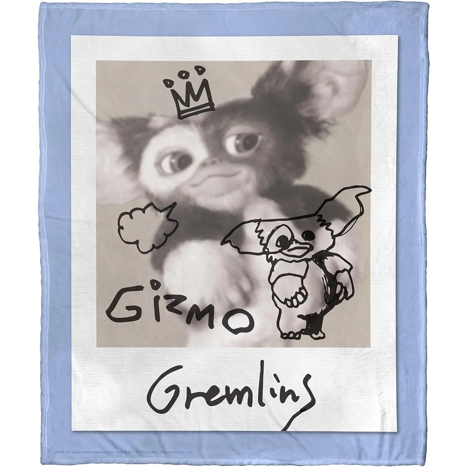 Gremlins Gizmo Polaroid Photo Hand Drawn Sketch Light Blue Border Flannel Throw Blanket Cute Monster Movie Warm Blanket Gift Fans All Ages