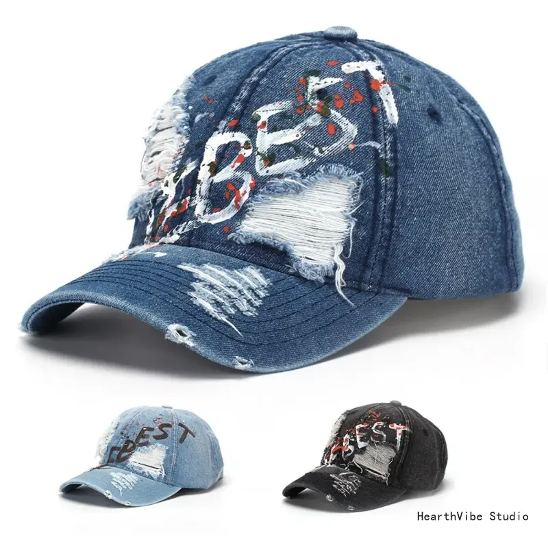 Distressed Ripped Embroidered Letter Snapback Baseball Cap Soft Dome One Size Fit All Women Outdoor Adjustable Sport Hat