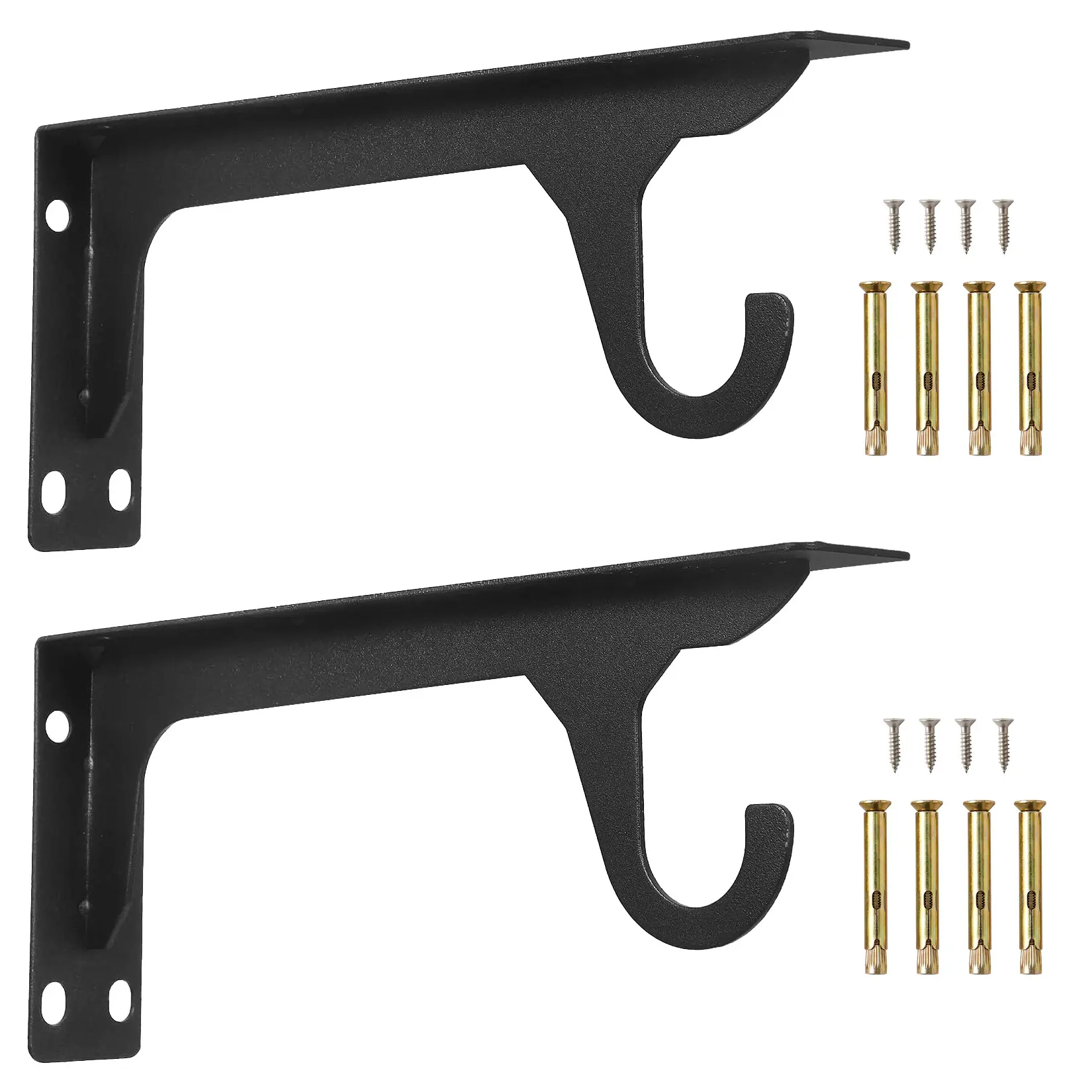 Heavy Duty Shelf Brackets with Hooks – Black Steel Wall Mount Supports for Floating Shelves, Closet Rods & Kitchen Hanging Storage – Includes Mounting Hardware