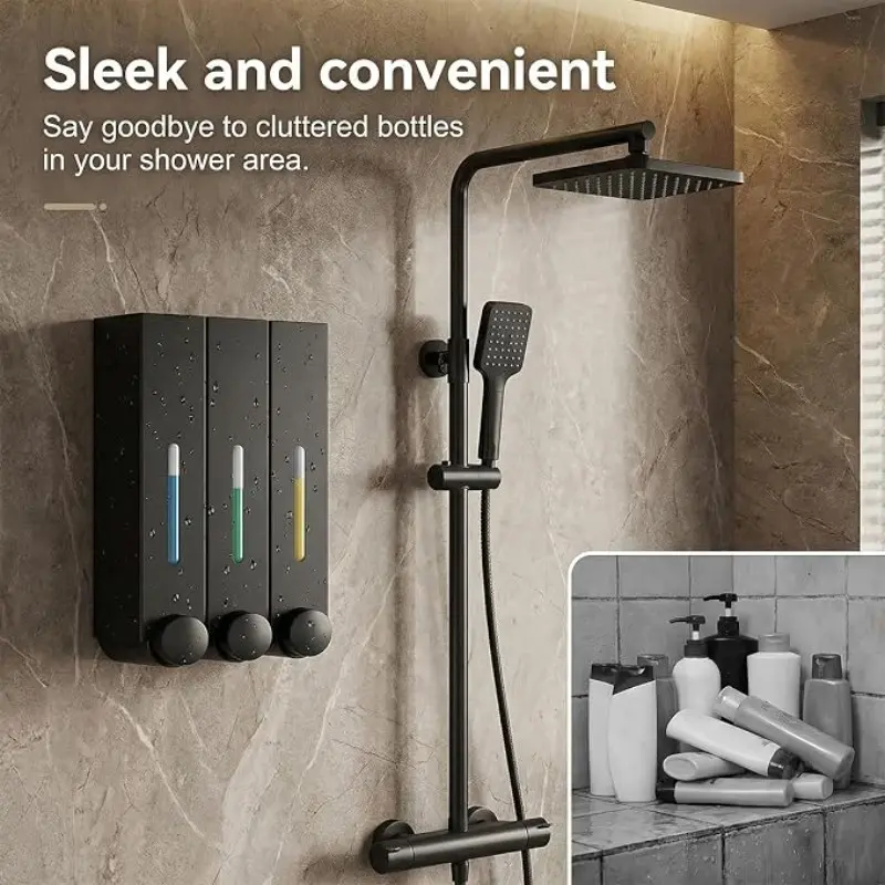 3-Piece Wall-Mounted Soap Dispenser 420ML, Bathroom No-Drill Haircare Organizer, Shampoo and Conditioner Holder Bottles, Space-Saving Design